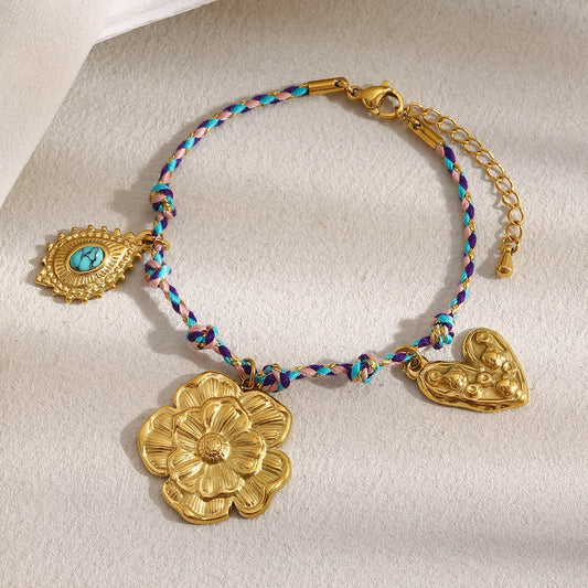 Bracciale da donna alla moda con perline a goccia di turchese in acciaio inossidabile placcato oro 18K a forma di fiore minimalista
