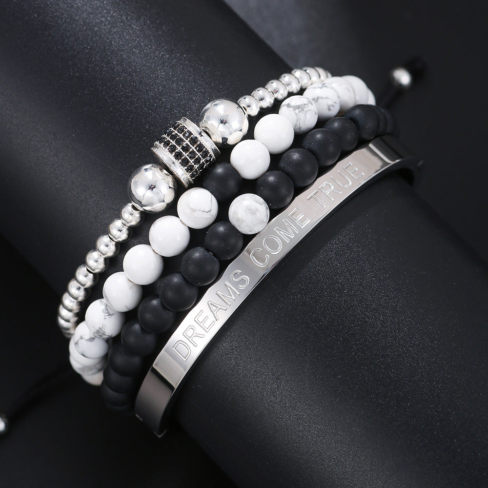 8mm Geometric Round Stainless Steel Bracelet Set with Turquoise and Rhinestone Inlay for Unisex