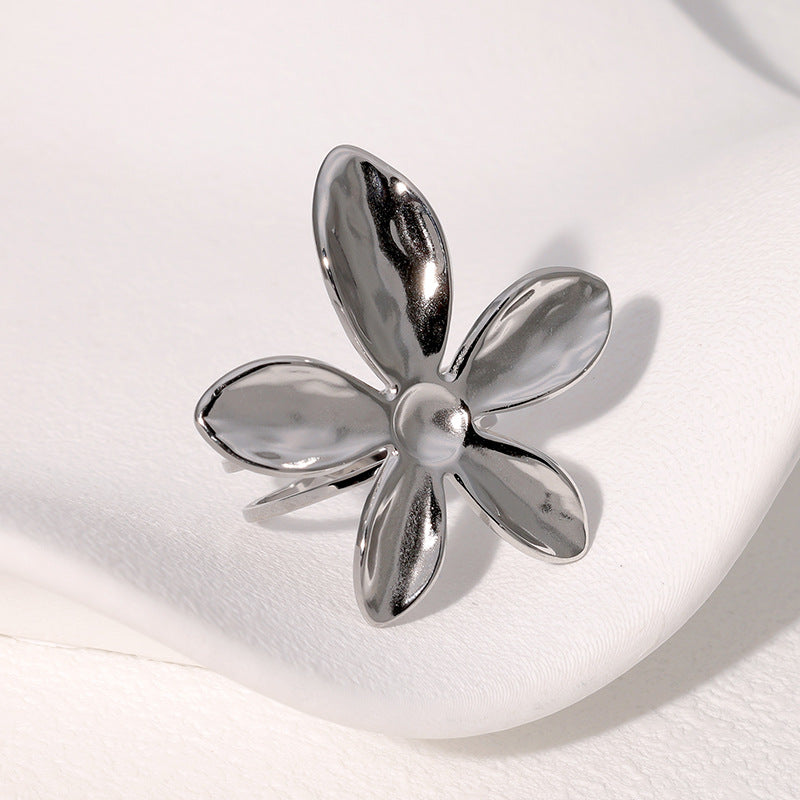 Anello Regolabile da Donna in Acciaio Inossidabile con Finitura Placcata, a Motivo Floreale Minimalista
