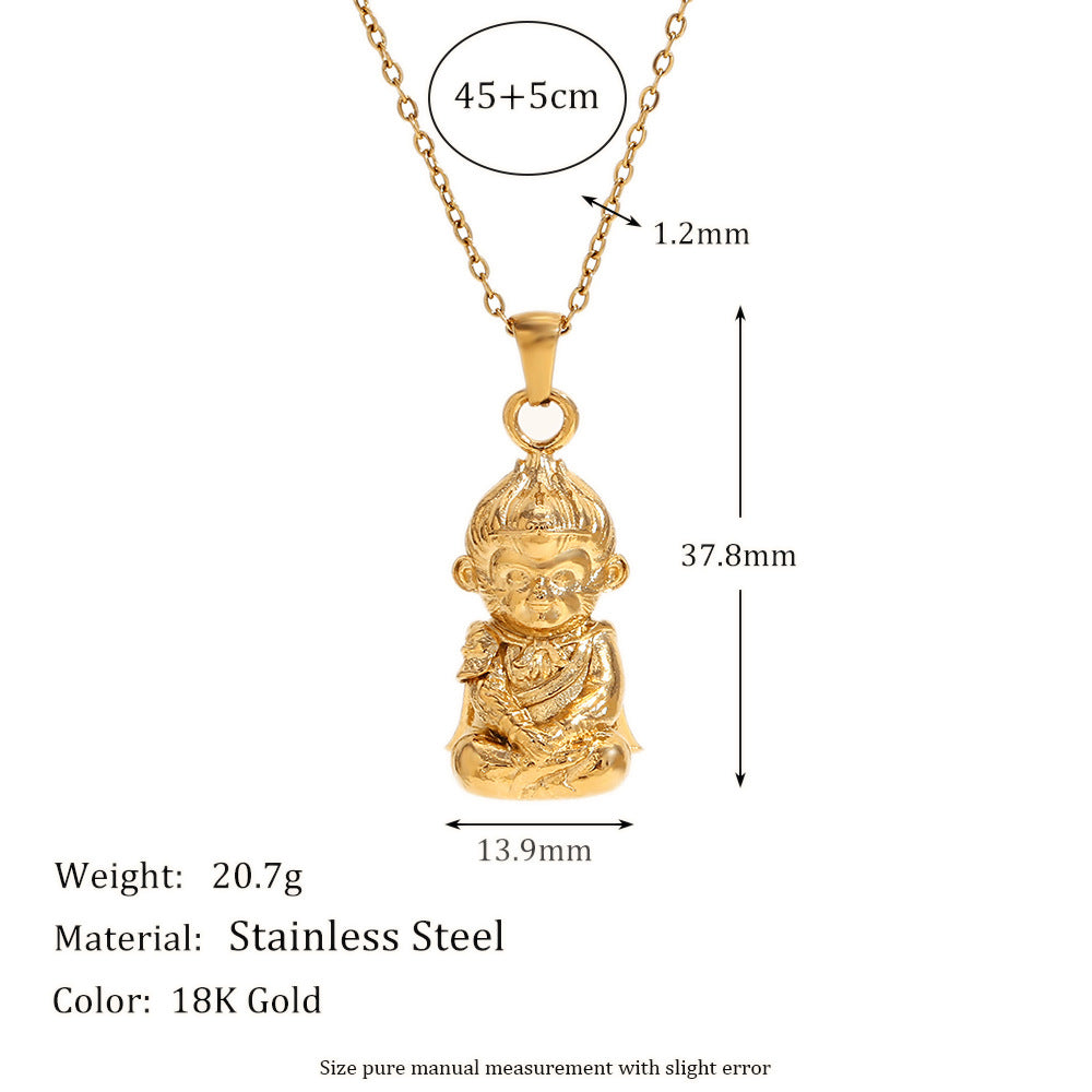 Collana con ciondolo in acciaio inossidabile con personaggio cartone animato minimalista placcato oro 18 carati e design 3D Re Scimmia