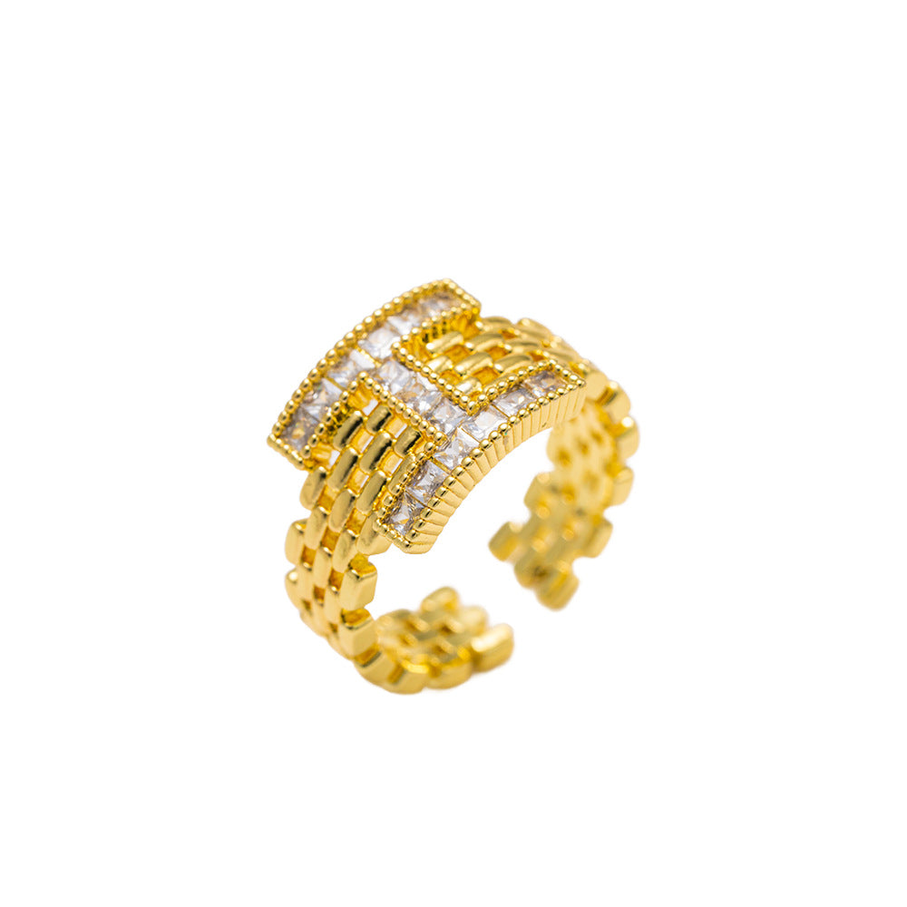 Anello Minimalista Moderno in Rame Placcato Oro 18K con Lettera "H" Geometrica e Intarsio in Zirconi, Unisex