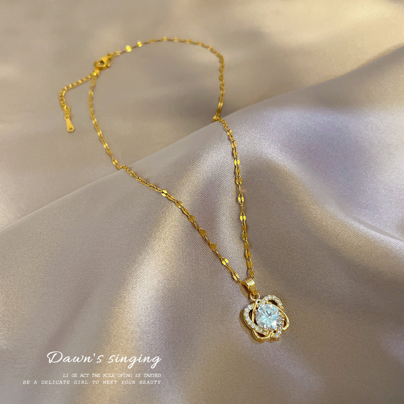 Luxury Titanium Steel Heart-Shaped Micro-Paved Necklace for Women Delicate Clavicle Chain with Geometric Design