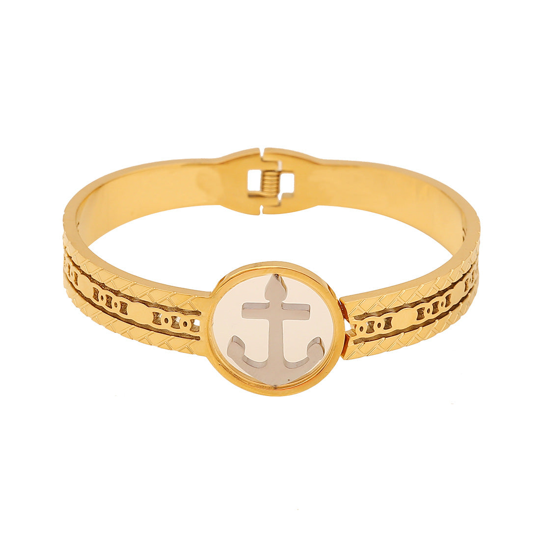 Bracciale rigido minimalista "Albero della Vita" con design floreale e ancora in acciaio inossidabile placcato oro