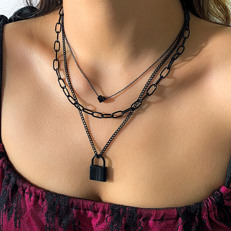Punk Black Alloy Heart and Cross Pendant Curb Chain Layered Necklace for Women