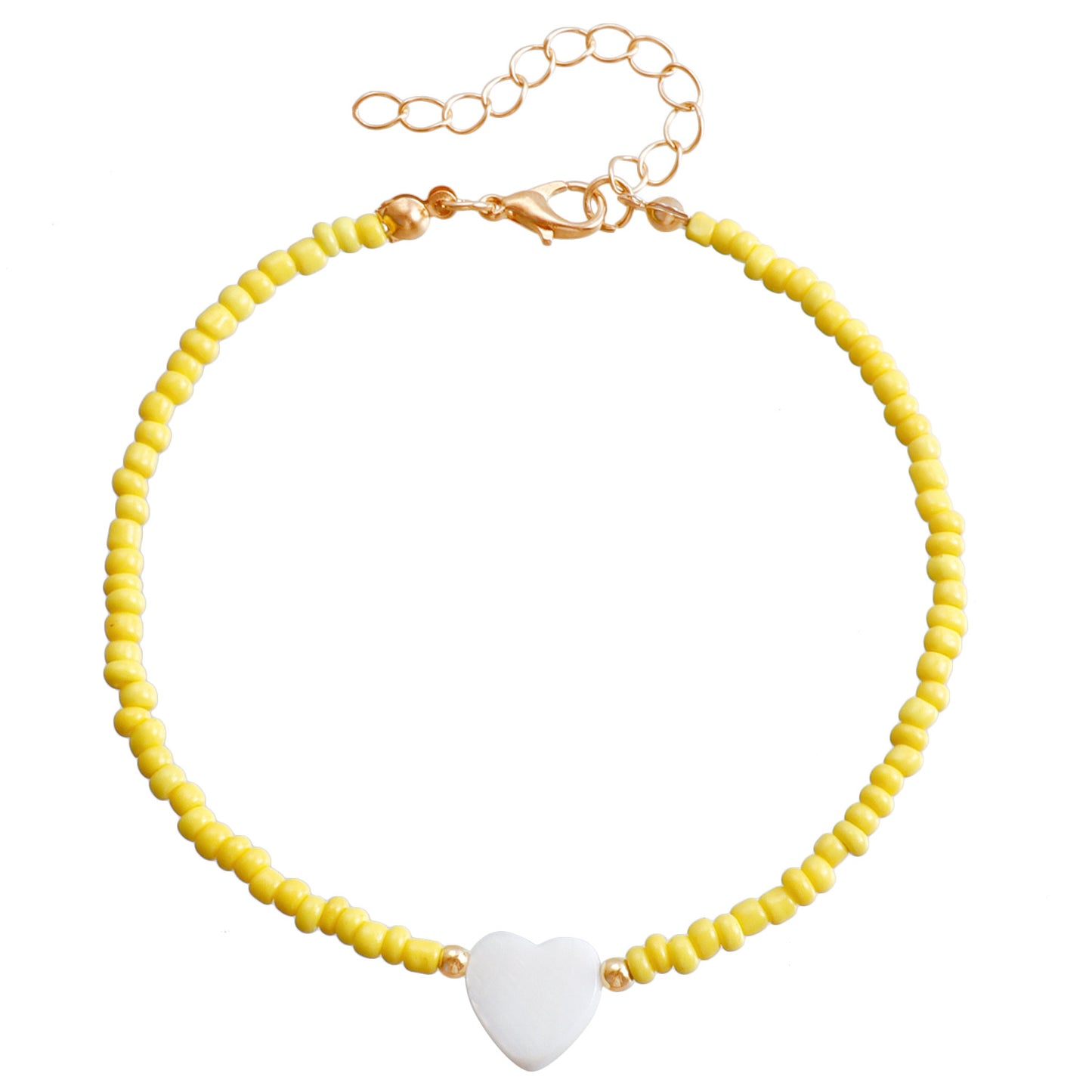 Bohemian Style Adjustable Anklet with Mother-of-Pearl Heart Charm and Colorful Seed Beads on Alloy Chain