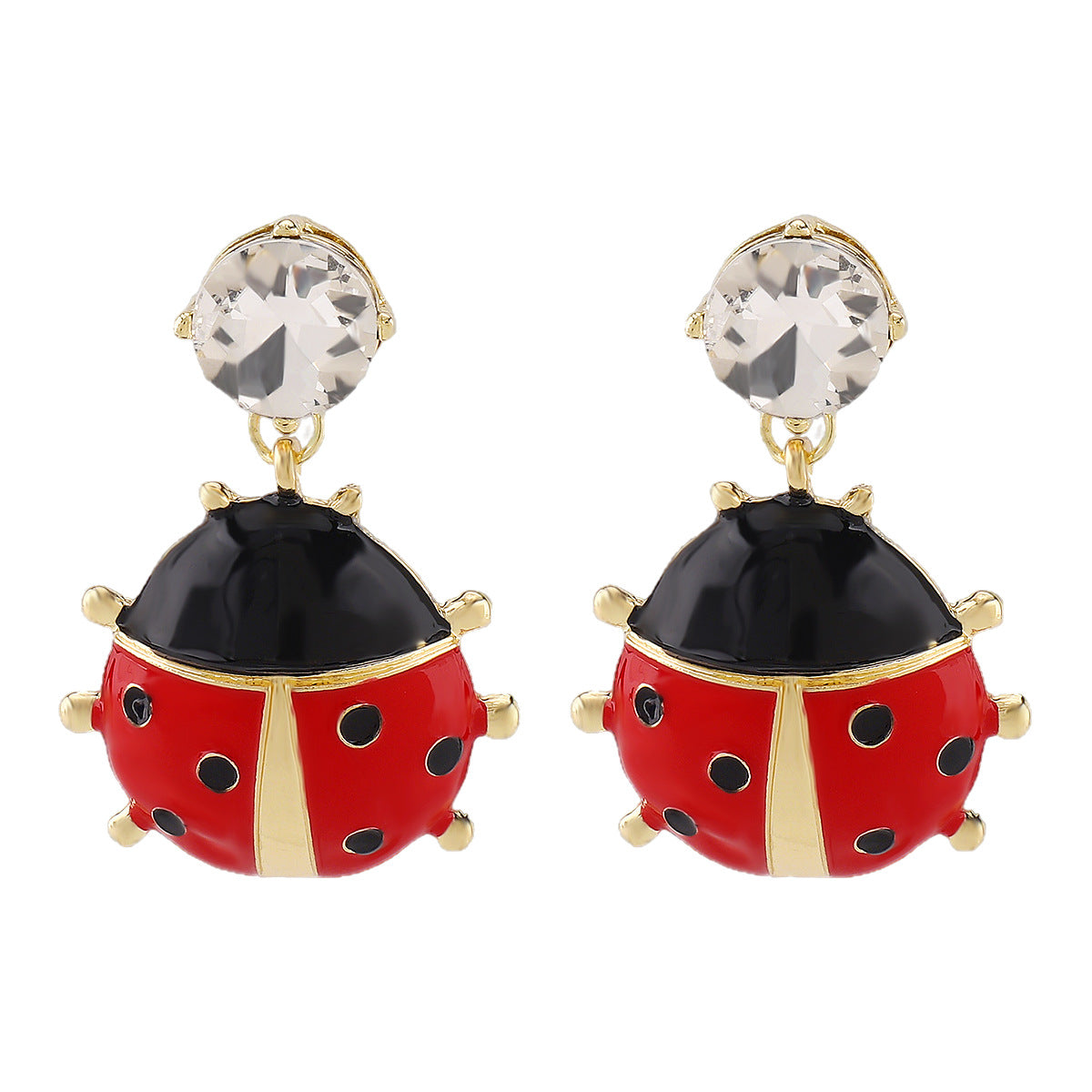 Orecchini da donna smaltati con coccinella e fragola in strass, in lega con finitura placcata, stile retrò chic