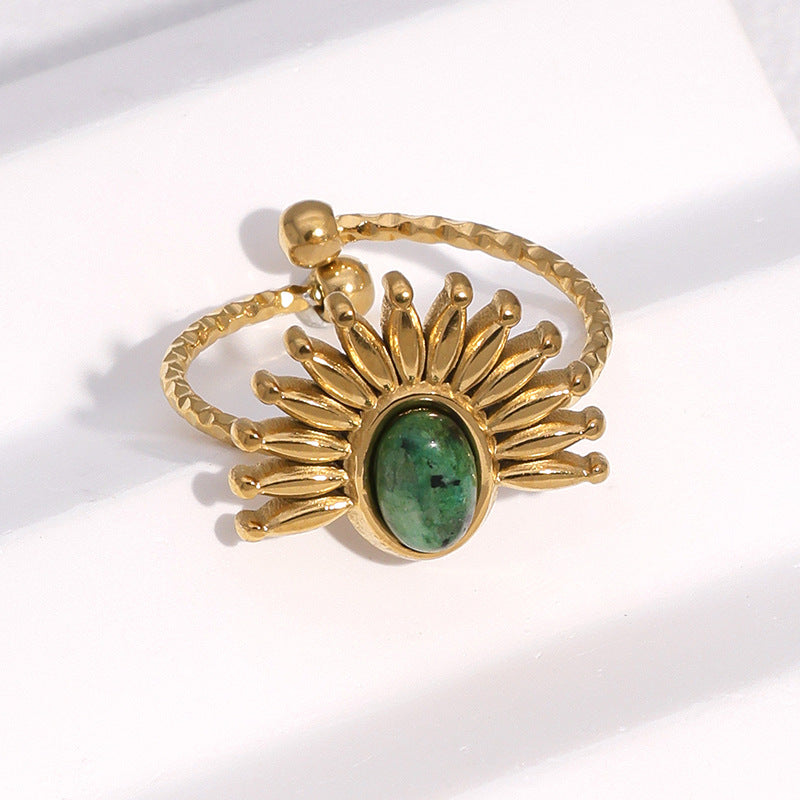 Anello minimalista da donna in acciaio inossidabile placcato oro 18 carati a forma di fiore con intarsio in pietra naturale