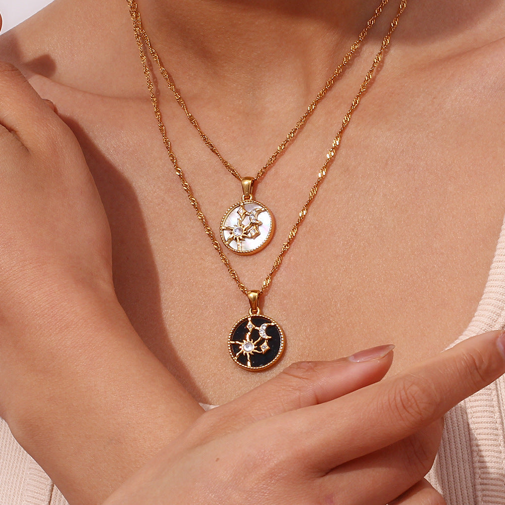 Fashionable Minimalist Sun and Moon Geometric Pendant Necklace for Women in Stainless Steel with 18K Gold Plating