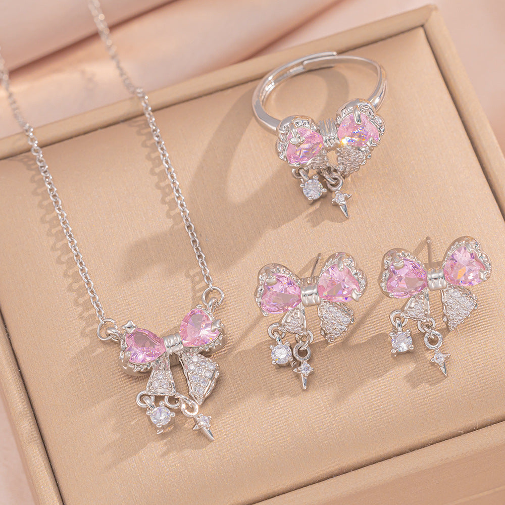 Luxury Bow-Shaped Zirconia Pendant Necklace for Women in Titanium Steel with Vacuum Plating and O-Chain