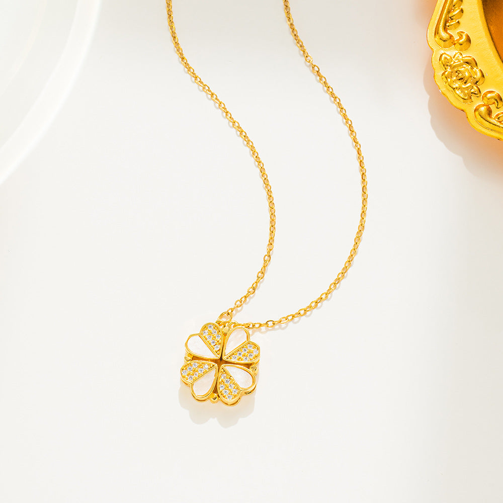 Minimalist Heart and Clover Pendant Necklace for Women in Titanium Steel with Rhinestone Inlay on O-Chain