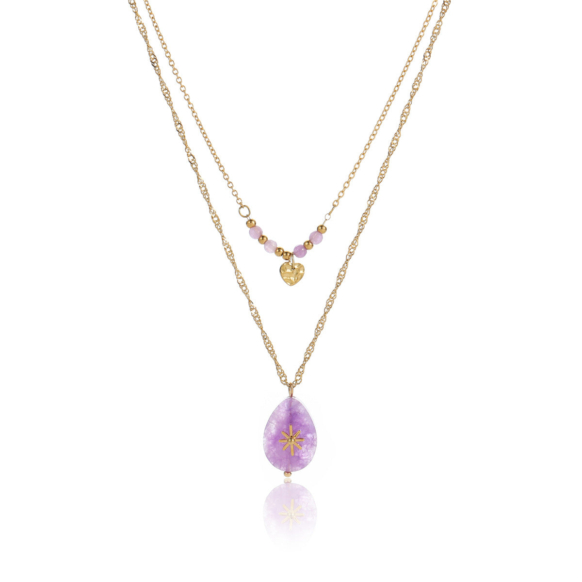 Collar con colgante de corazón doble de estrella de ocho puntas de piedra natural púrpura, estilo minimalista vintage, en acero inoxidable con acabado chapado