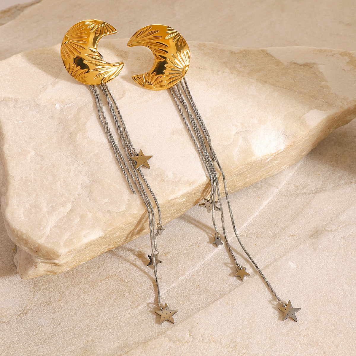 Orecchini pendenti da donna con stelle geometriche, placcati in oro 18 carati, in acciaio inossidabile