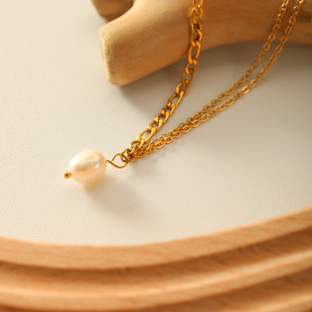 Minimalist Geometric Double-Layer Snake Chain Necklace with Freshwater Pearl Pendant in Titanium Steel Plated with 18K Gold for Women