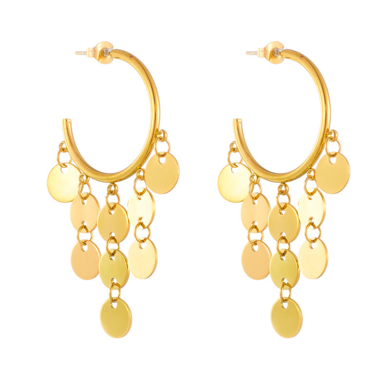 Vintage Minimalist Gold-Plated Titanium Steel Geometric Pendant Earrings with Tassel Detail for Women