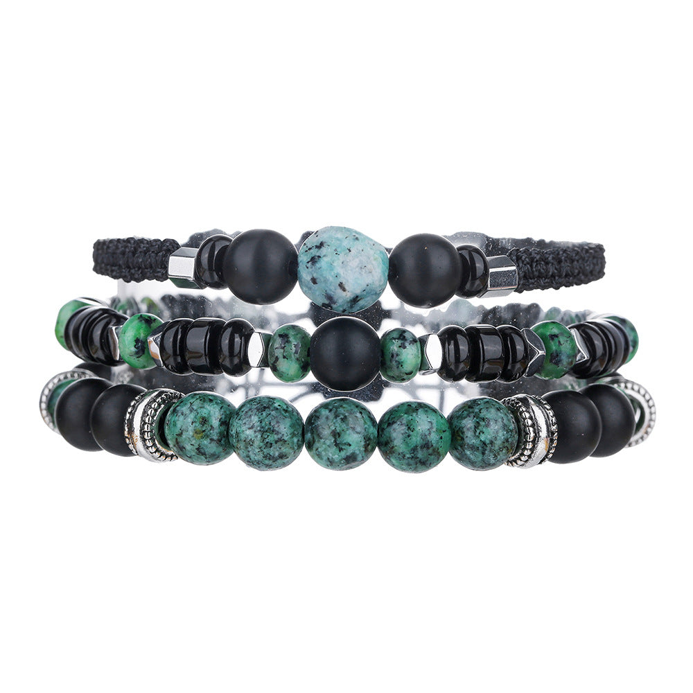 Vintage Bohemian Geometric Round Black Agate and Turquoise Beaded Stretch Bracelet for Men and Women