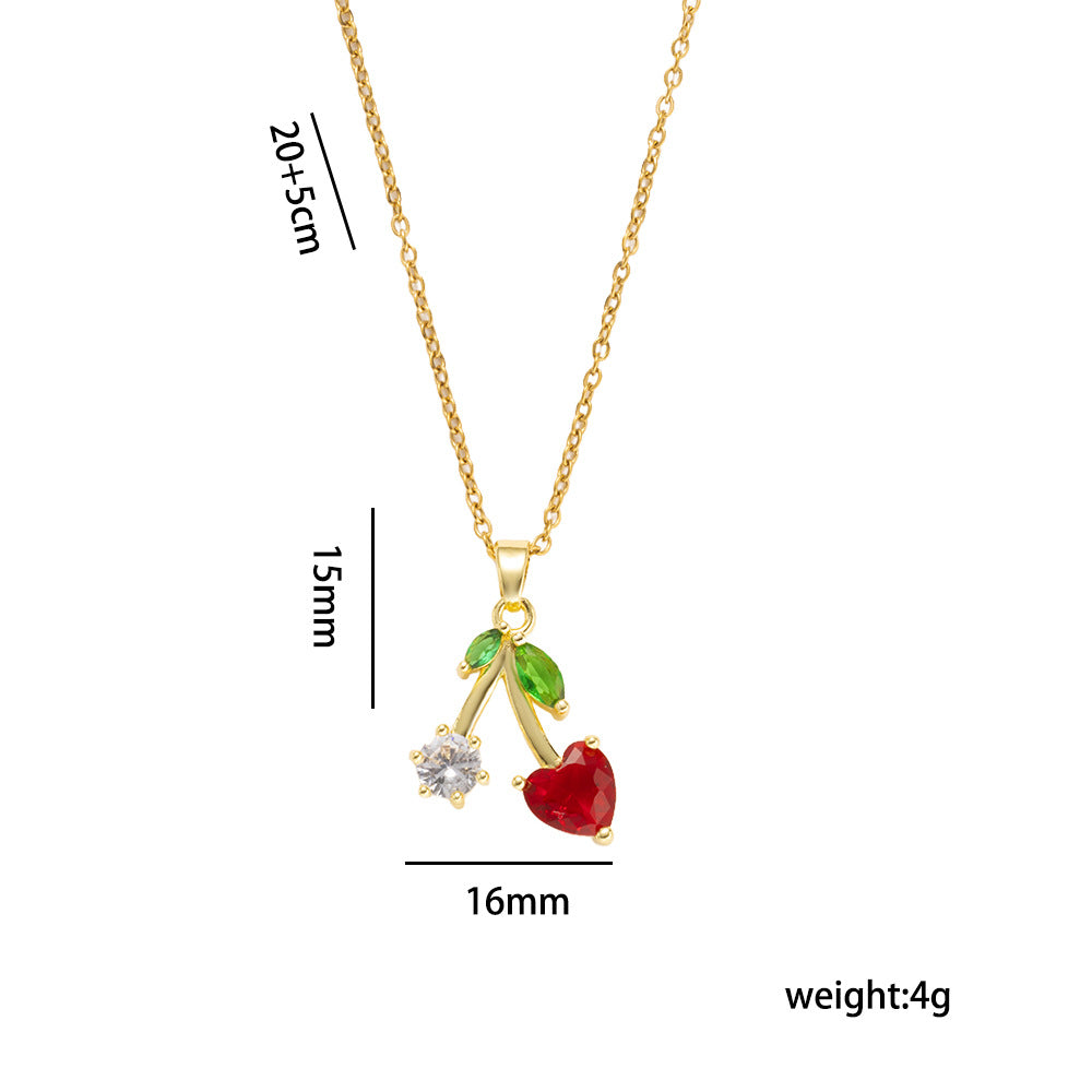 Set Collana con Ciondolo a Ciliegia di Lusso da Donna in Acciaio al Titanio con Intarsio di Strass e Catena a O
