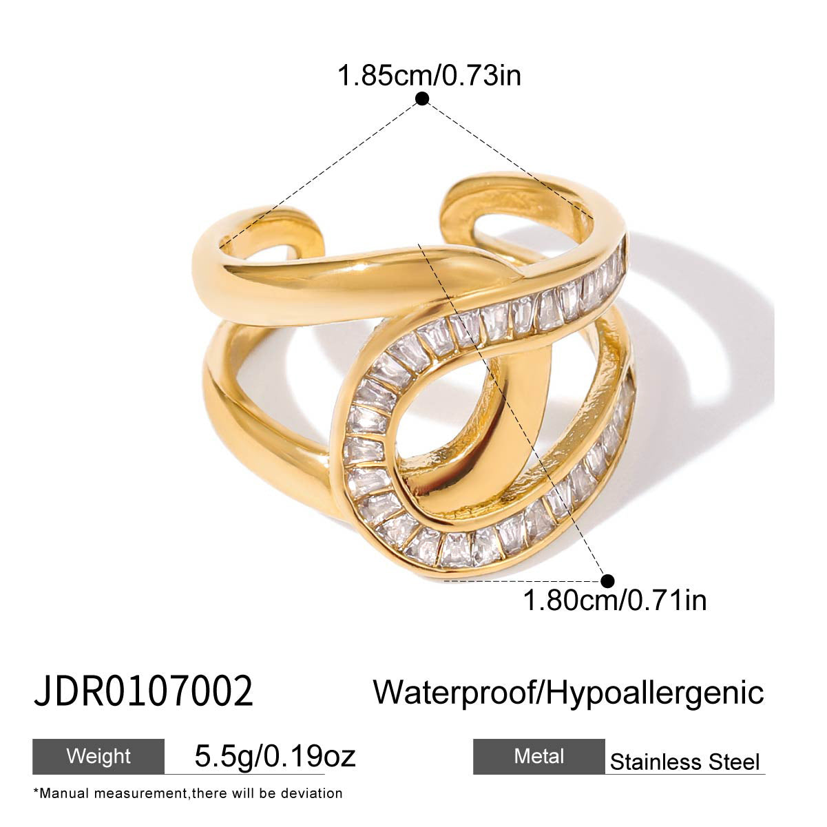Anello di lusso geometrico con strass in acciaio inossidabile placcato oro 18 carati, gioielli alla moda da donna