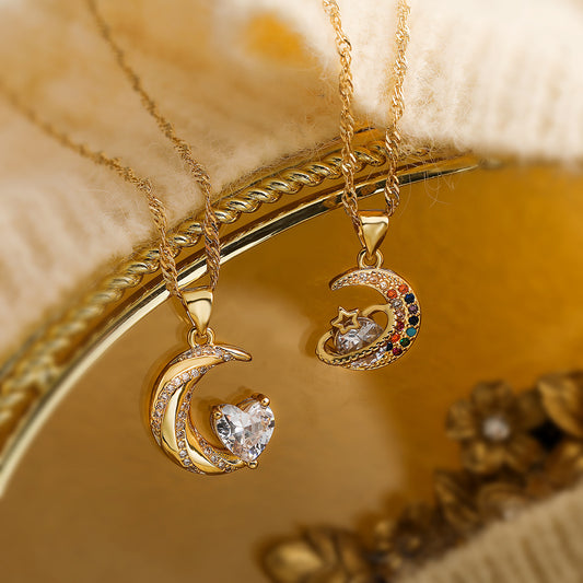 Collar minimalista con forma de luna en cobre, baño de oro de 18 quilates y detalles de circonitas para mujer