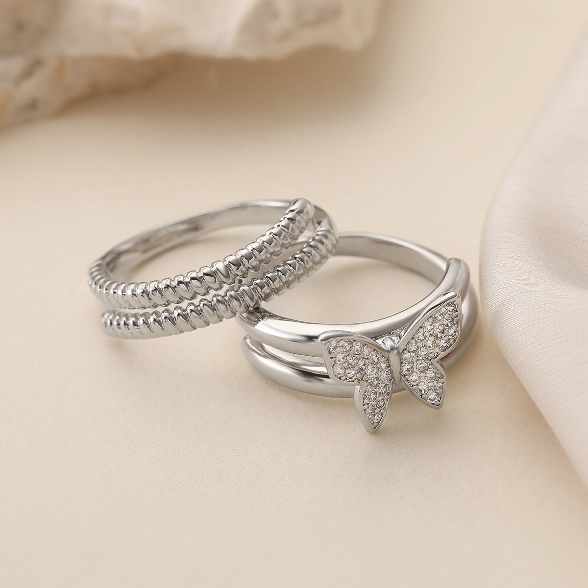 Minimalist Butterfly-Shaped Copper Ring with Gold Plating and Zircon Inlay for Women
