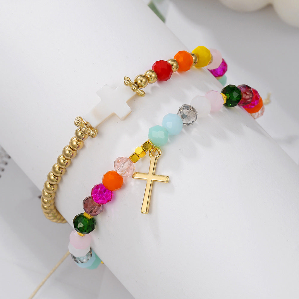 Geometric Cross Crystal Beaded Bracelet Set for Unisex