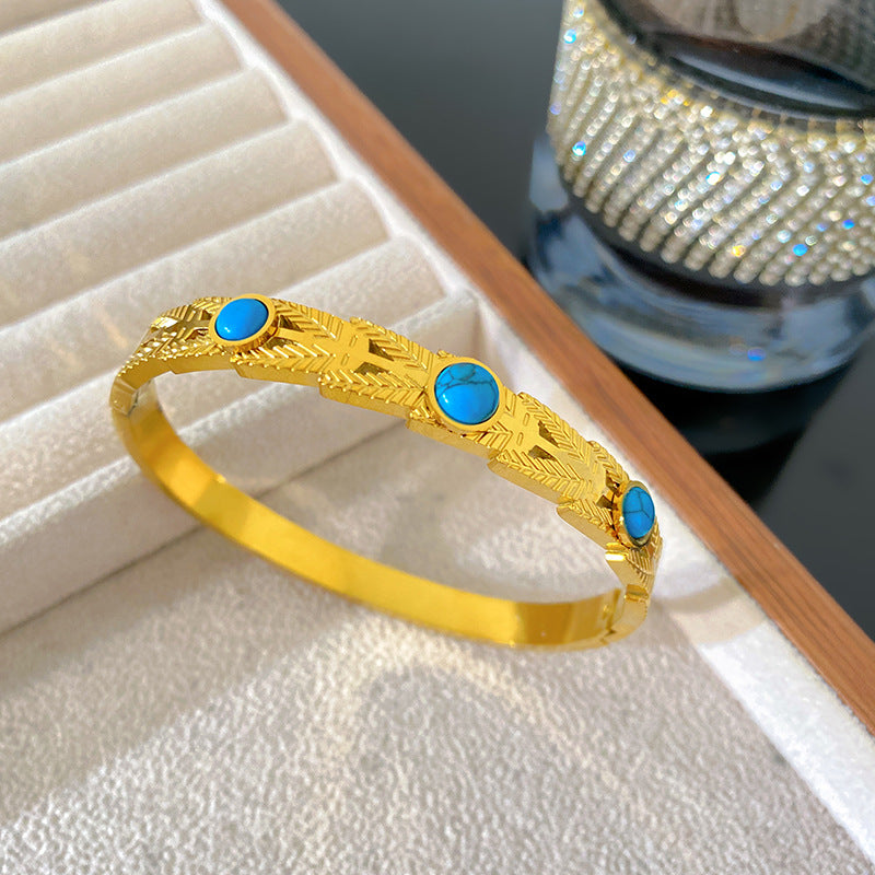 Vintage Gold Plated Titanium Steel Bracelet with Turquoise Inlay and Wheat Ear Floral Pattern for Women