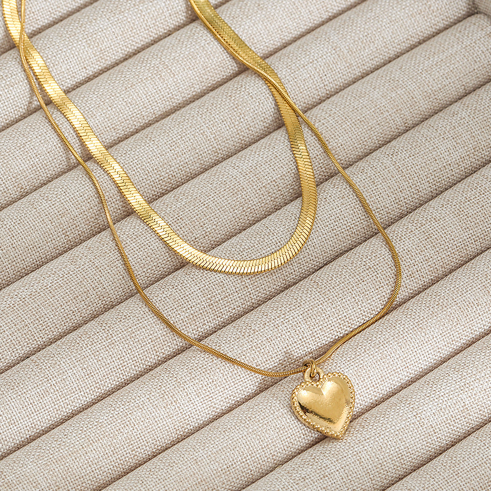 Minimalist Double Layer Heart Pendant 18K Gold Plated Titanium Steel Snake Chain Necklace for Women