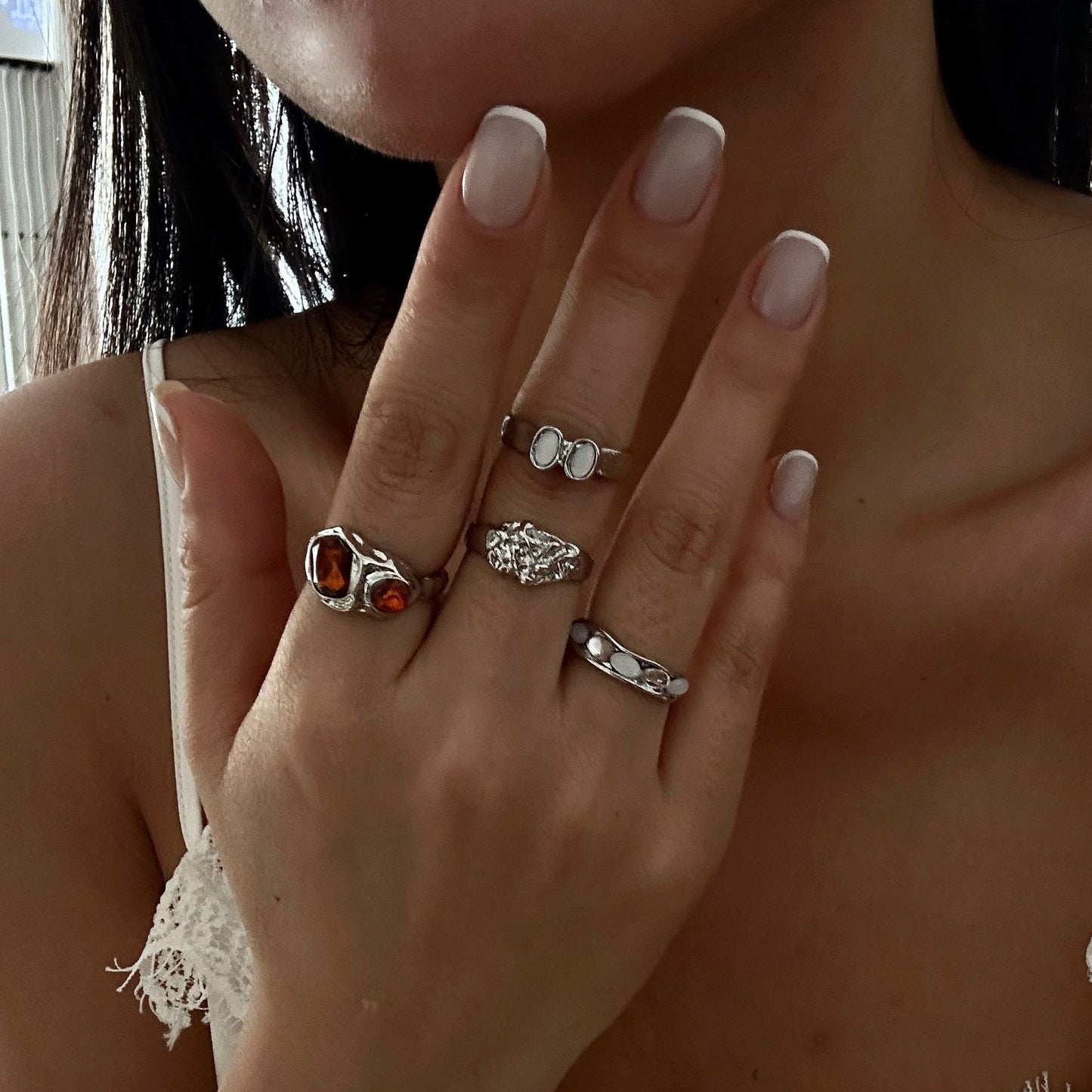 Vintage Streetwear Geometric Rhinestone Inlay Plated Alloy Ring Set for Women