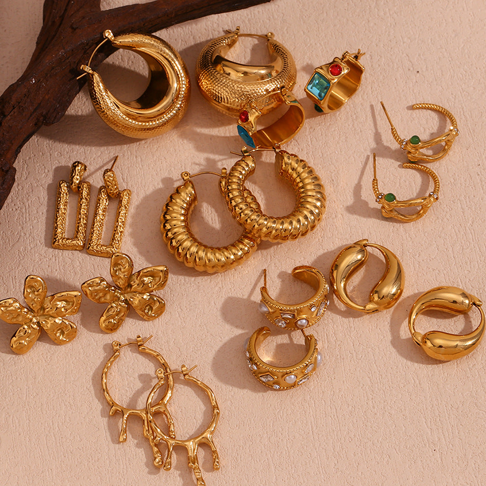 Vintage-Inspired Geometric Stainless Steel Earrings with 18K Gold Plating for Women
