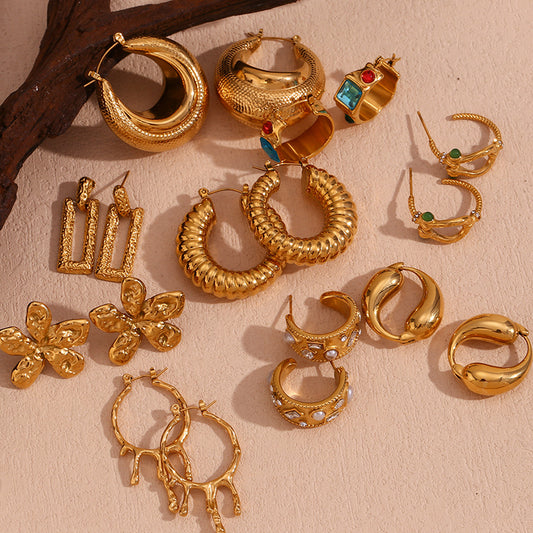 Vintage-Inspired Geometric Stainless Steel Earrings with 18K Gold Plating for Women
