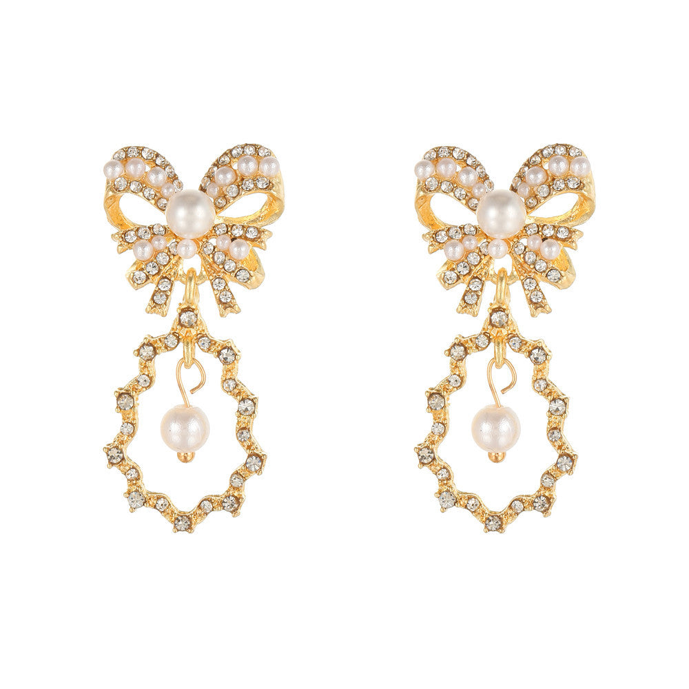 Vintage Elegant 925 Sterling Silver Bow Pearl Rhinestone Plated Alloy Drop Earrings with Tassel