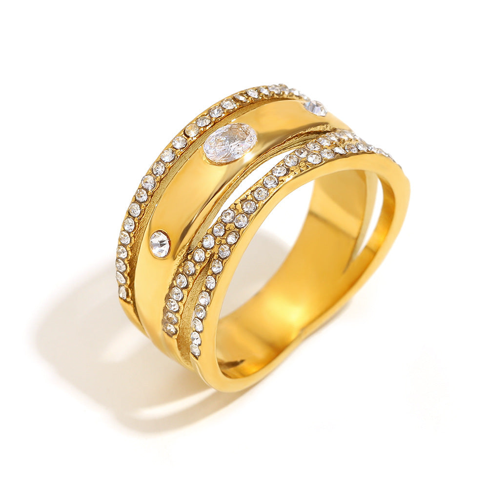 Fashionable Heart-Shaped Stainless Steel Ring with 18K Gold Plating, Hollow Star and Beaded Edge Design, Multi-Layer Zircon Accent, Office-Appropriate Minimalist Jewelry for Women