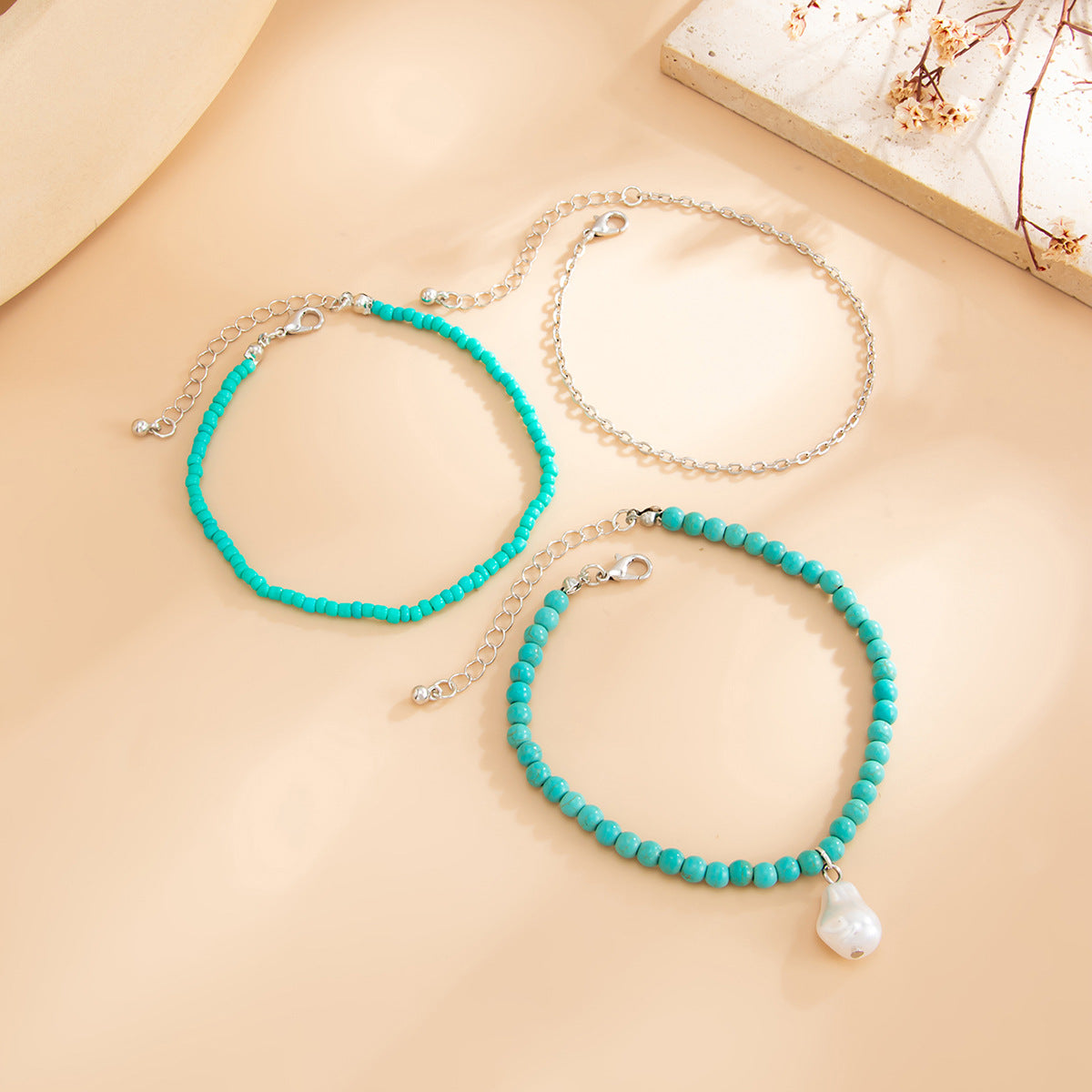 Bohemian Ethnic Geometric Pearl Acrylic Beaded Multi-layer Anklet for Women
