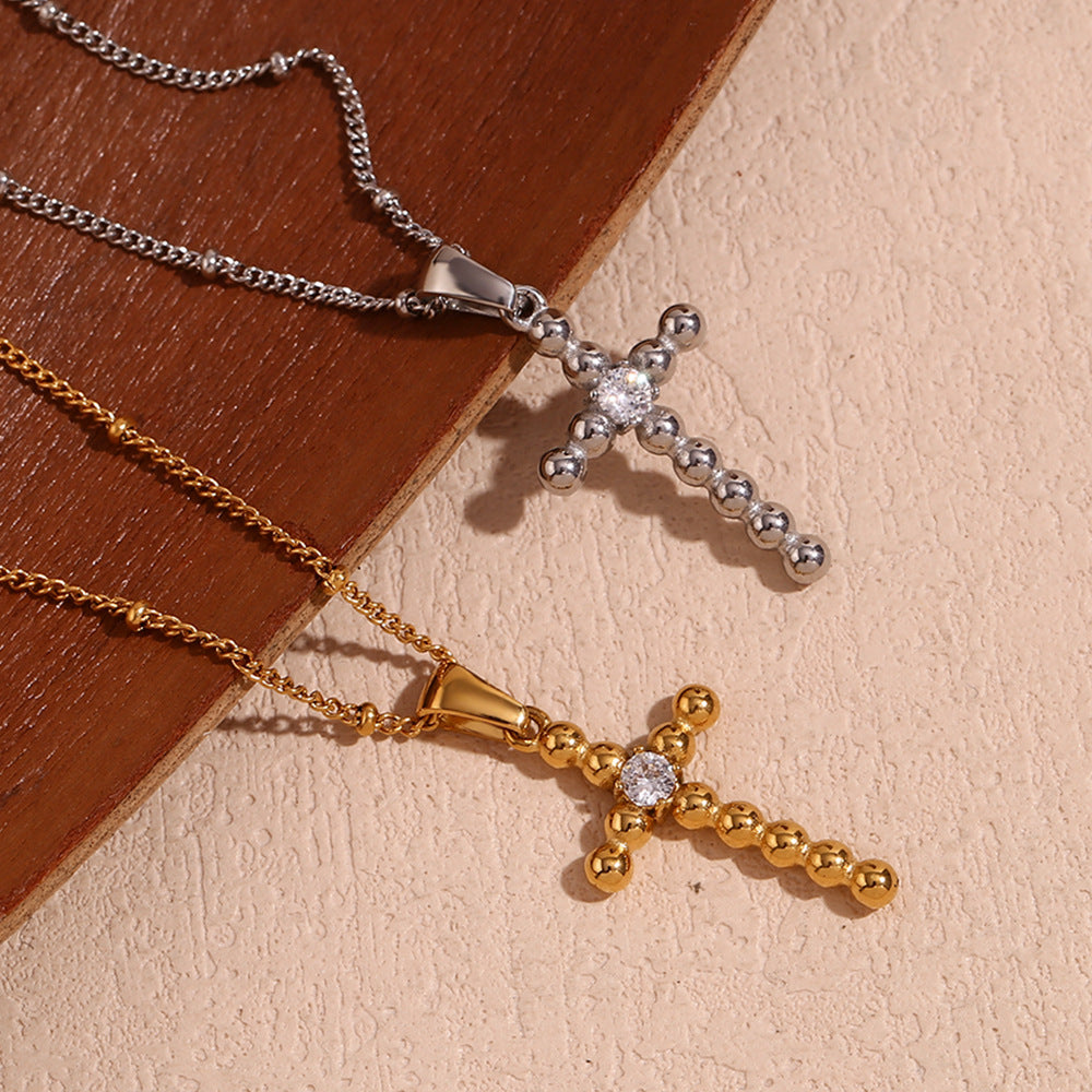 Vintage Minimalist Geometric Stainless Steel Plated 18K Gold Cross Pendant Necklace with Zircon Bead for Women