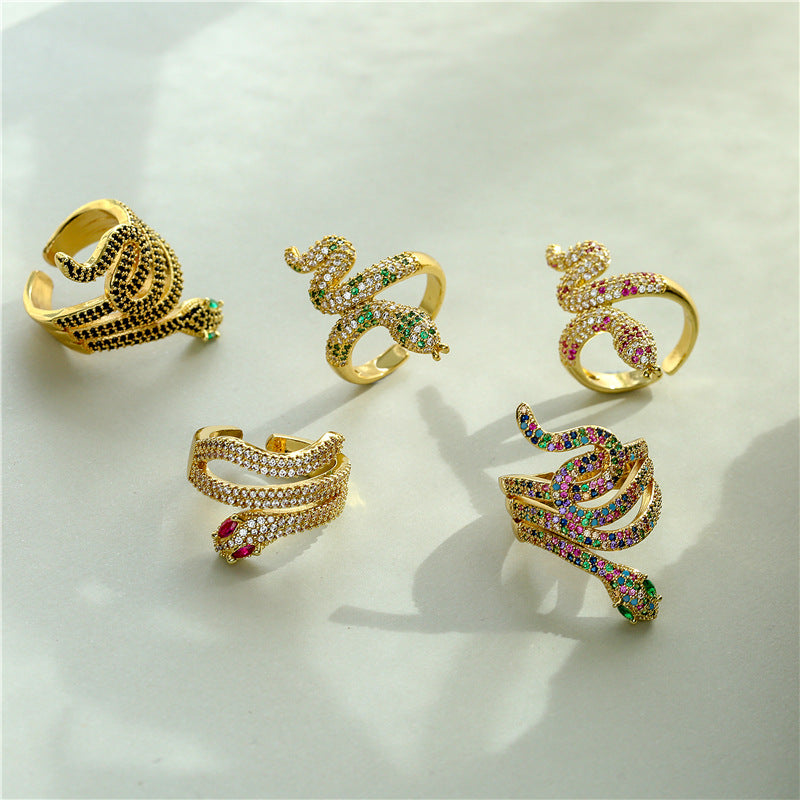 INS Style Geometric Snake Shape Copper Ring with Micro-Pave Zirconia and 18K Gold Plating