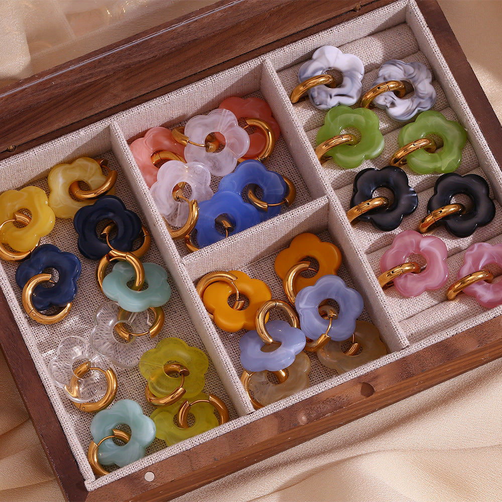 Orecchini a Cerchio Piccoli con Fiori Vintage in Acciaio Inossidabile Placcato Oro 18K Design Floreale Colorato Dopaminico da Donna