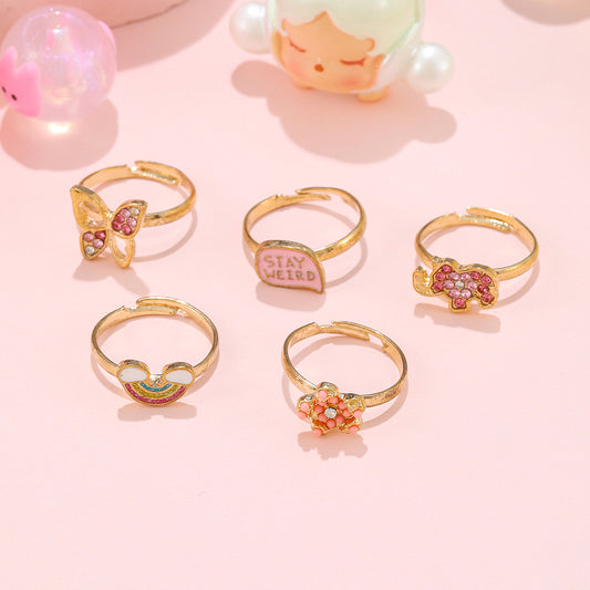 Anillo ajustable de aleación con mariposa de dibujos animados y arcoíris para niños con acabado de esmalte e incrustaciones de pedrería