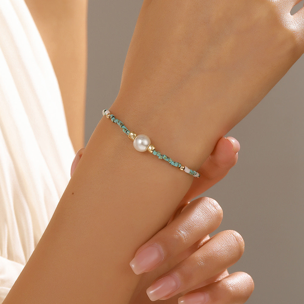 Bohemian Sweet Camouflage Geometric Round Glass Pearl Brass Beaded Bracelet for Women