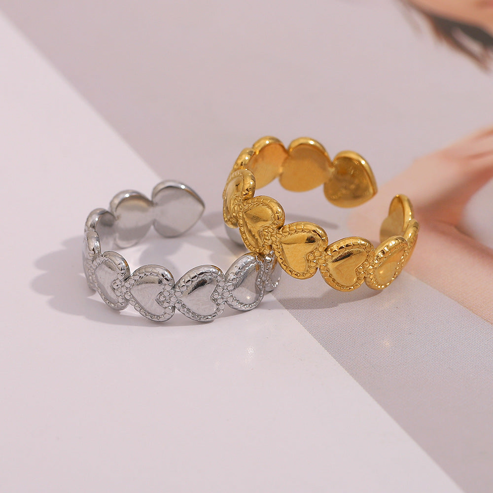 Anello Minimalista a Cuore in Acciaio Inox con Bordo Perlato Placcato Oro 18K da Donna