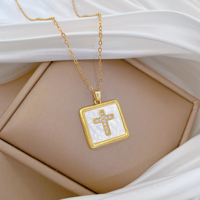 Minimalist Square Cross Pendant Necklace in Stainless Steel with Rhinestone Inlay for Women and Men