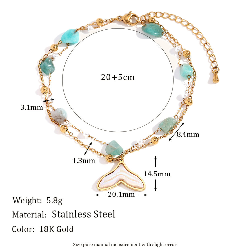 Elegante Cavigliera Doppia Strato con Ciondolo a Coda di Pesce Geometrico in Acciaio Inossidabile, Placcatura in Oro 18K e Intarsio in Pietra Naturale