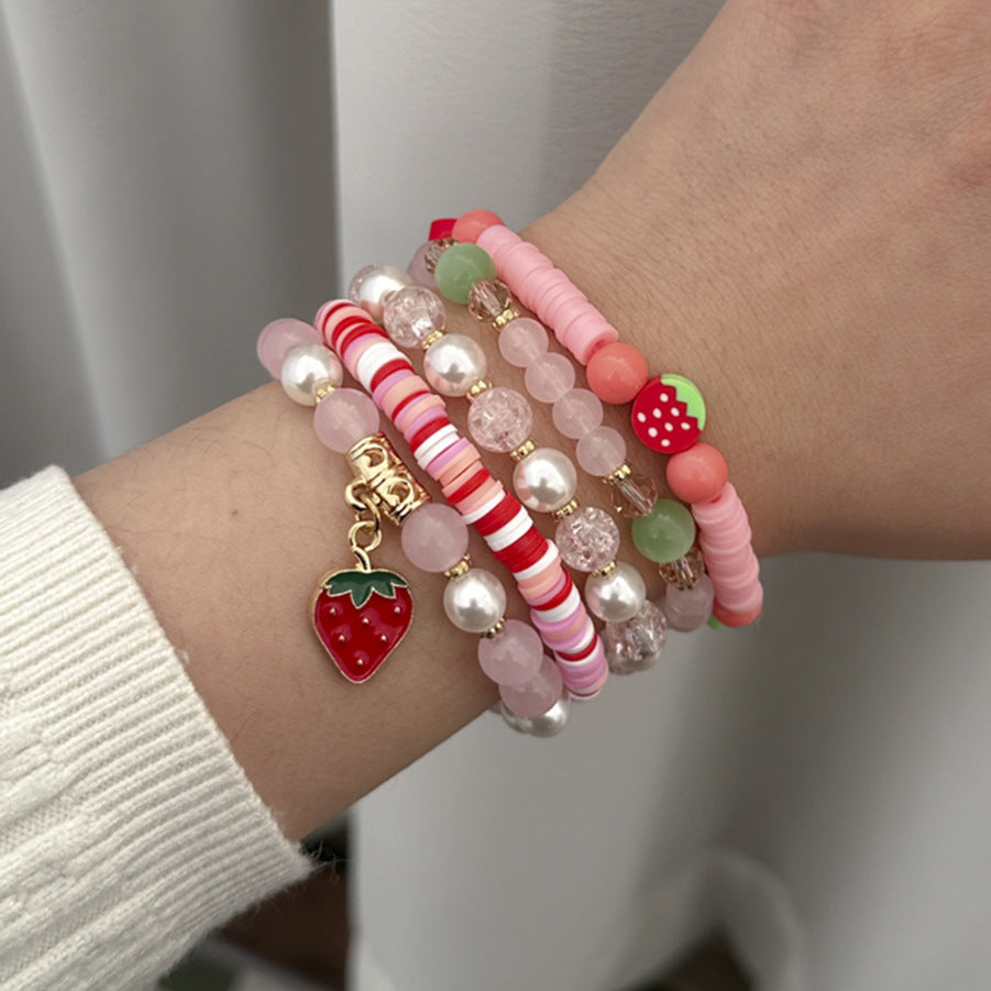Sweet Strawberry Zinc Alloy and Acrylic Beaded Bracelet for Women