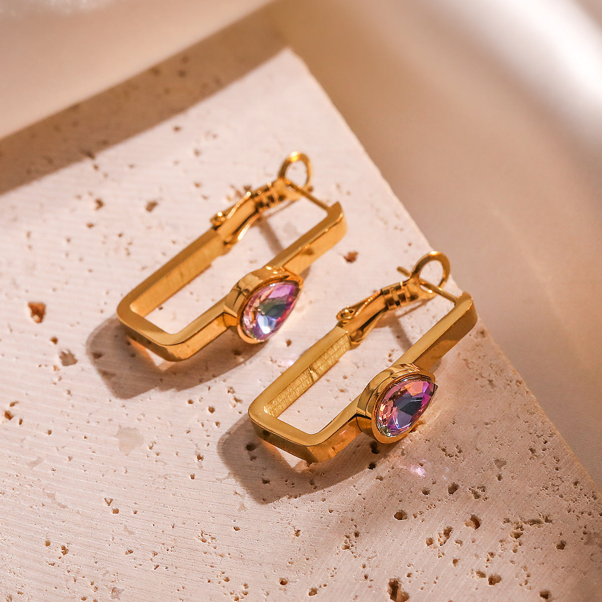 Minimalist Geometric Titanium Steel Earrings for Women with Rhinestone Inlay and Gold Plating