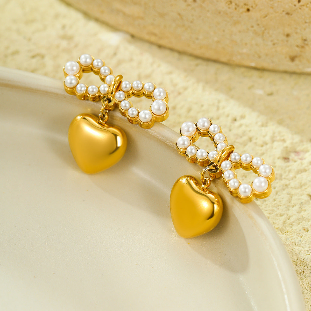 Elegant Bowknot Pearl Heart Pendant Stud Earrings in Stainless Steel with 18K Gold Plating