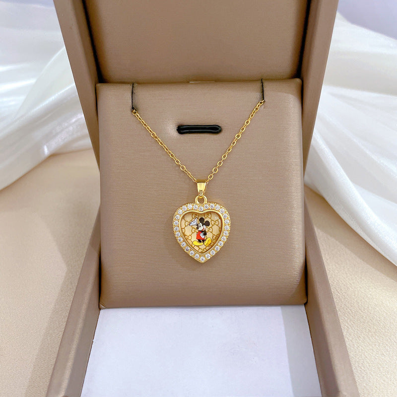 Collana in Acciaio al Titanio con Intarsi in Strass Geometrici a Cuore Dolce Minimalista di Lusso da Donna