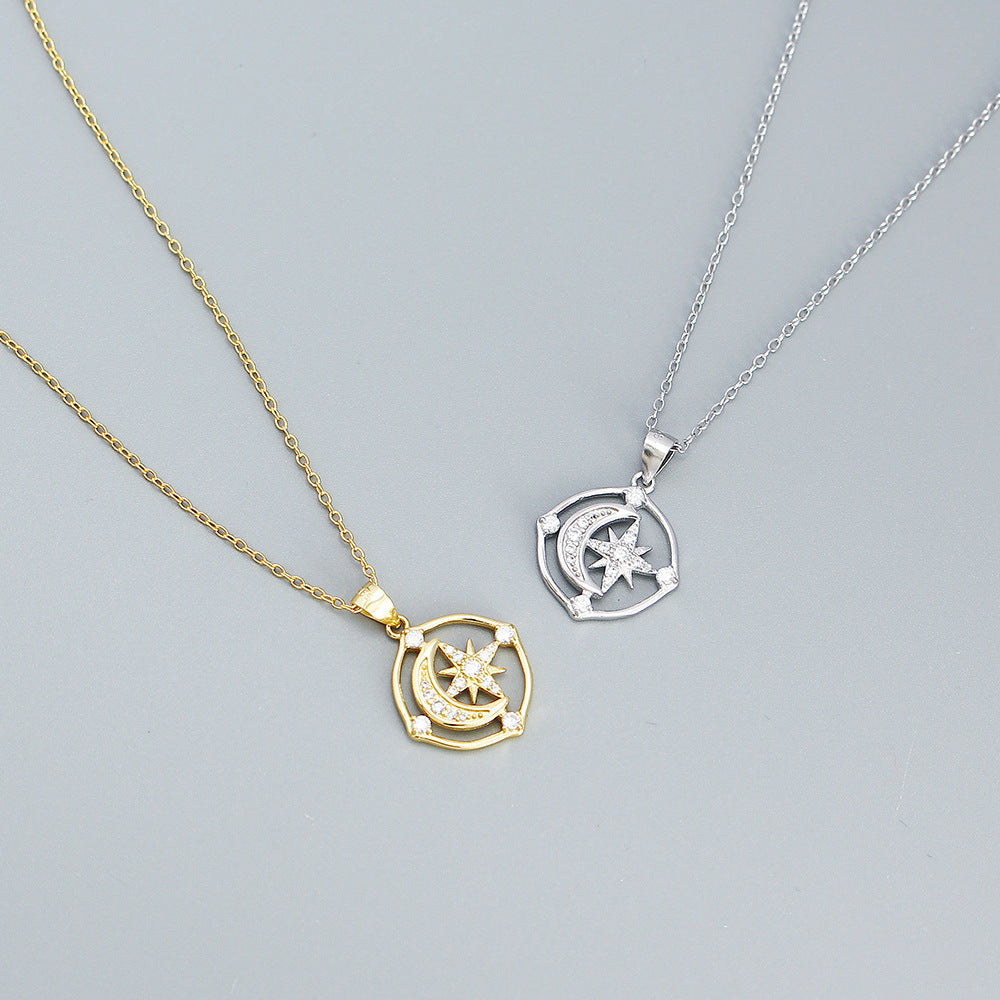 Minimalist 925 Sterling Silver Moon Star Cubic Zirconia Necklace Geometric Pendant Cable Chain for Women