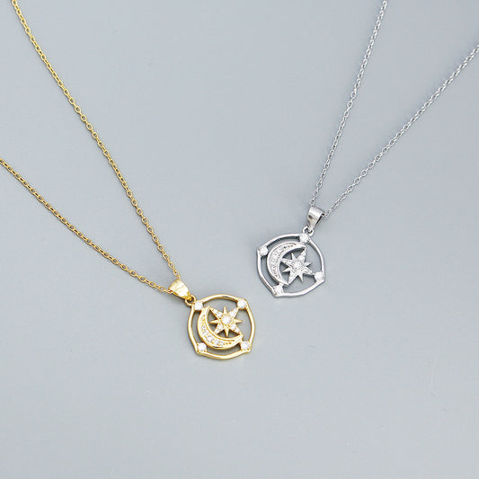 Collar Minimalista de Plata de Ley 925 con Luna, Estrella y Circonita Cúbica, Colgante Geométrico con Cadena de Cable para Mujer