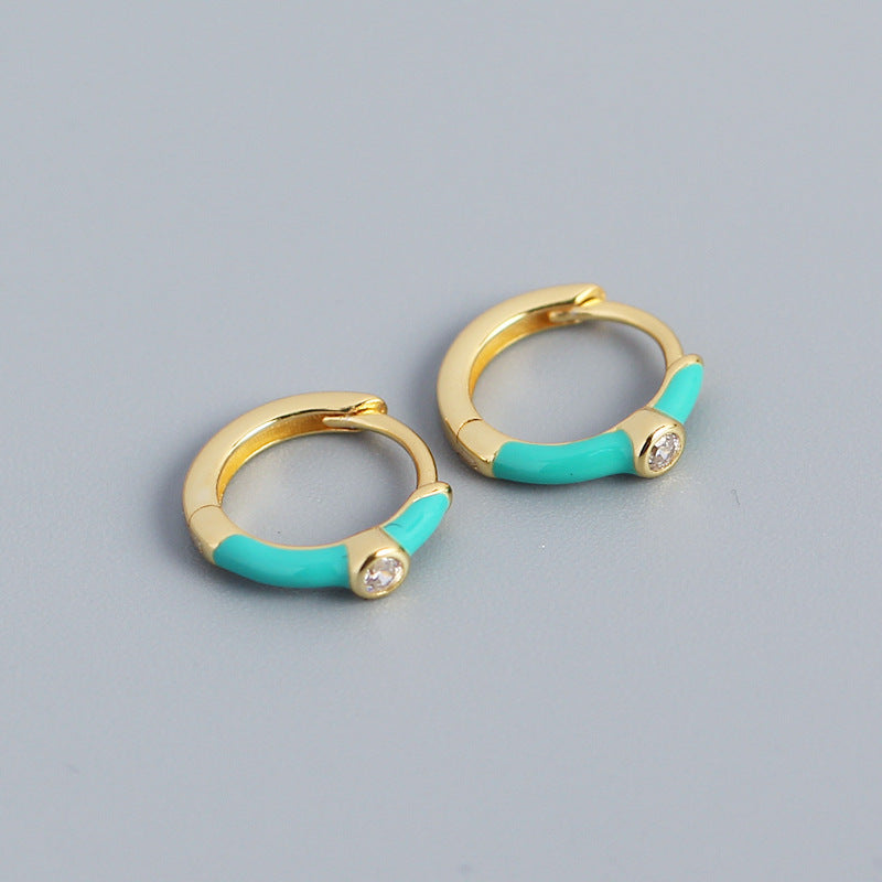 Orecchini a Cerchio Minimalisti Dolci in Argento Sterling 925 con Dettagli Geometrici e Smalto a Goccia Micro-incastonati