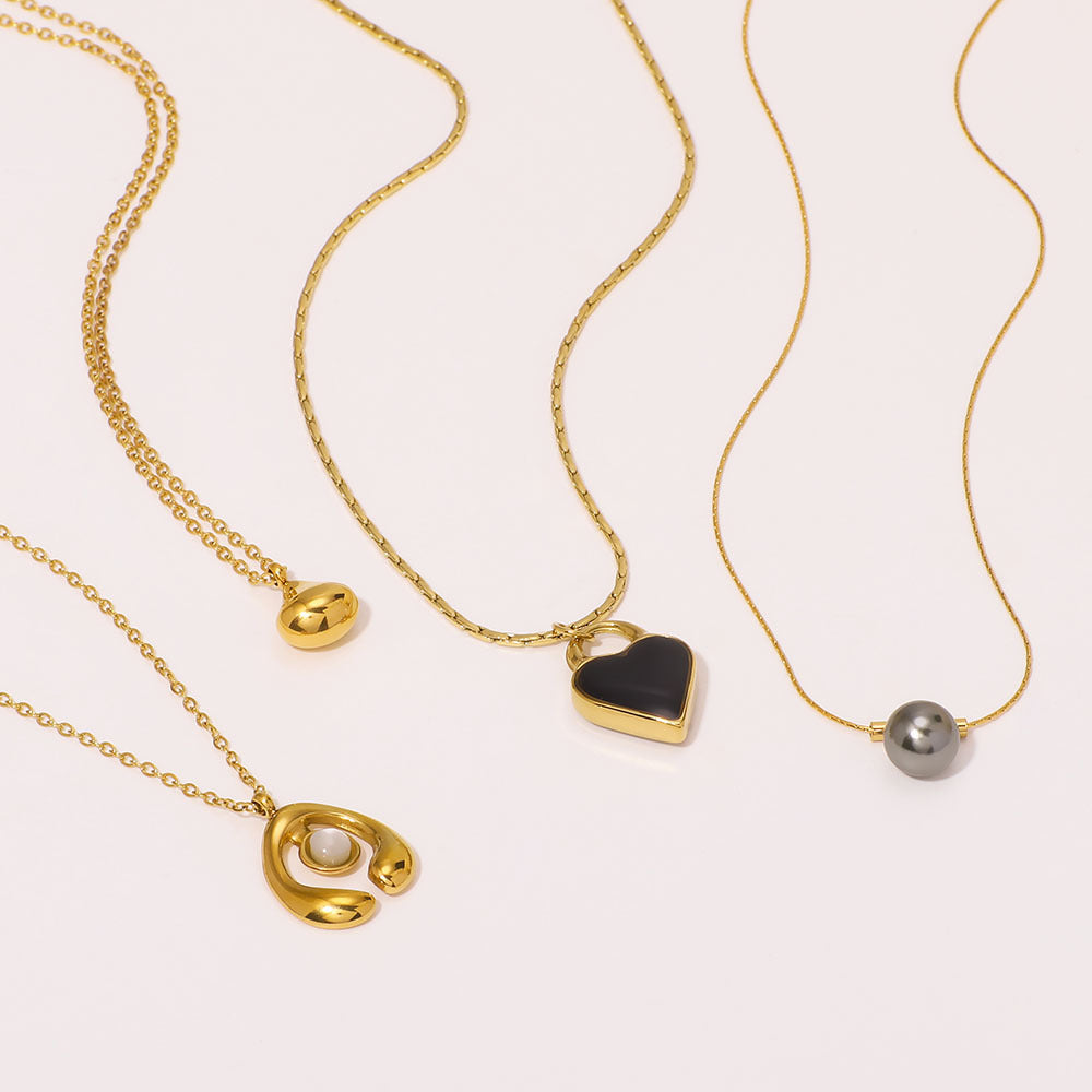 Minimalist Geometric Double-Sided Heart Pendant Necklace in Stainless Steel with Pearl and Abalone Inlay, Vacuum-Plated 18K Gold Finish