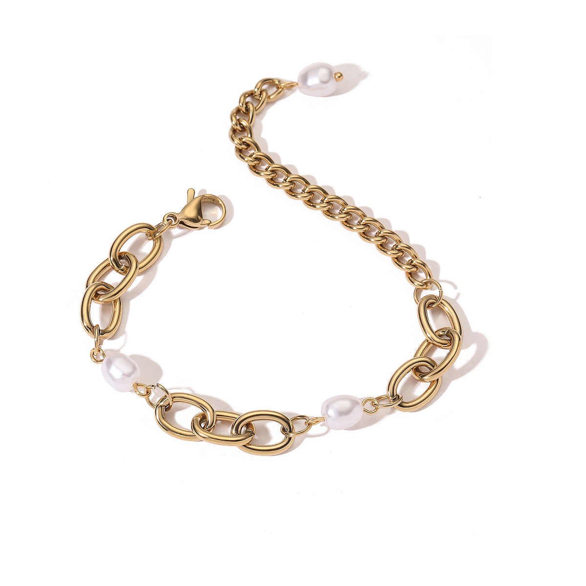Vintage Elegant 18K Gold Plated Stainless Steel Geometric Pearl Bracelet for Women