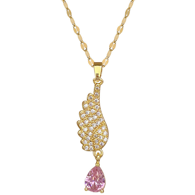 Collana con pendente a goccia d'angelo in acciaio inossidabile di lusso con intarsio completo di strass e design geometrico per donne e uomini